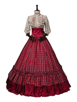 Burgund Retro Kostüme Rüschen Polyester Kariertes Oberteil Marie Antoinette Kostüm Damen Euro-Stil Set Kostüm aus dem 18. Jahrhundert