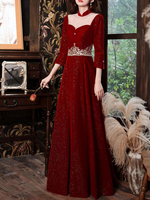 Burgunder Abendkleid A-line High Collar Lange Ärmel Koreanische Samt Pailletten bodenlangen Applique Social Pageant Kleider