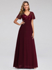 Burgunder Abendkleid A-Linie V-Ausschnitt Kurzarm Chiffon Spitze Bodenlange Partykleider