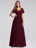 Burgunder Abendkleid A-Linie V-Ausschnitt Kurzarm Chiffon Spitze Bodenlange Partykleider