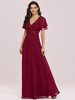 Burgunder Abendkleid A-Linie V-Ausschnitt Rückenfreie Chiffon-Kurzarm-bodenlange Gastkleider mit V-Ausschnitt