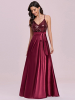 Burgunder Abendkleid A-Linie V-Ausschnitt Satin Stoff Ärmellose Schärpe Bodenlange Festzugskleider