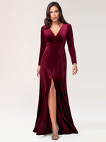 Burgunder Abendkleid Mantel Langarm V-Neck Velor Soziale Parteikleider