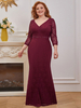 Burgunder Abendkleid Spitze Spitze V-Ausschnitt Scheide 3/4 Länge Ärmel Schärpe Maxi Abendkleider