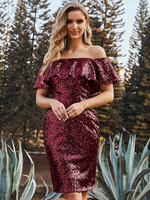 Burgunder Homecoming Kleid Kurzarm Bateau Neck Pailletten Bodycon Etuikleid Kurz Abendkleid