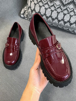 Burgunder Loafer Schuhe Frauen Leder Runde Zehen Slip On Loafers