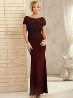 Burgunder Mutter Kleid Jewel Neck Kurzarm Ärmel Meerjungfrau Knöchellange Gast Spitze Kleider für die Hochzeit