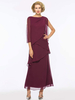 Burgunder Partykleid für Mutter der Braut Juwelenhals Halbarm A-Linie Chiffon Plissee Lange Hochzeit Gastkleider