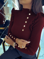 Burgunder Pullover für Damen Ösen Hoher Kragen Langarm Polyester Pullover