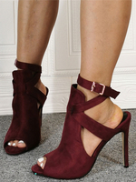 Burgunder Sommerstiefel Wildleder Peep Toe Cut Out Knöchelriemen High Heel Sandale Booties