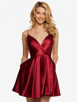 Burgunderrot Satingewebe A-Linie- und Reißverschluss Mini-Kleid V-Ausschnitt ärmellos