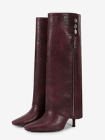 Burgunderrote kniehohe Stiefel mit spitzer Spitze Reißverschlussdetail und hohem Absatz Umschlagstiefel