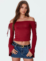 Burgunderrotes bauchfreies Top mit schulterfreien Glockenärmeln lässiges Frühlings-T-Shirt für Damen 2025