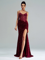 Burgunderrotes Meerjungfrau-Abendkleid sexy transparente Spitze und Pailletten Ballkleid für Frauen 2025