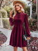 Burgunderrotes Samtkleid mit langen Ärmeln Mini-Skaterkleider mit Rundhalsausschnitt