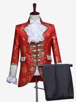 Burgunderrotes Vintage-Set mit Retro-Knöpfen und Rüschen Jacquard langen Ärmeln Polyester-Mantel Retro-Kostüme für Männer