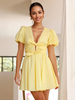Buttergelbes Minikleid mit Puffärmeln und Schleife vorne V-Ausschnitt A-Linie Sommerkleid für Frauen 2025