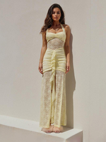 Buttergelbes Neckholder-Maxi-Partykleid mit hohem Schlitz und Spitze 2025