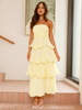 Buttergelbes trägerloses geschichtetes gerüschtes langes Kleid für den Sommer 2025