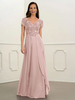 Cameo Brown Brautmutterkleid V-Ausschnitt Kurzarm A-Linie Plissee Bodenlange Hochzeitsgast Kleider