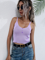 Cami Top für Frauen Ärmellose lila Asymmetrische Paspelknöpfe U-Ausschnitt Polyester T-Shirt