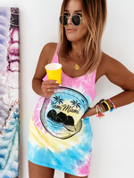 Cami Top für Frauen Ärmelloses Pink Tie Dye Layered Schnür-U-Ausschnitt Polyester T-Shirt