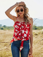 Cami Top für Frauen Ärmelloses rotes Polyester mit Blumenmuster Übergroßes geknotetes Schnür-Jewel Neck T-Shirt