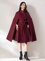 Cape-Mantel aus Wollmischung für Damen Stehkragen dunkelmarineblau übergroßer Poncho mit Gürtel Oberbekleidung 2025