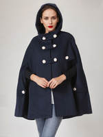 Cape-Mantel aus Wollmischung mit Kapuze dunkelmarineblau zweireihig übergroßer Winterponcho für Damen 2025