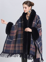 Cape Poncho Plaid Kapuze Marineblau Winter Poncho Fransen Cape