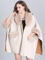 Cape Poncho Winterjacke V-Ausschnitt Ecru Weiß Poncho Kunstpelz Cape