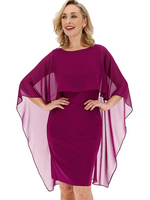 Carmine Partykleid für Mutter der Braut Jewel Neck Halbarm Chiffon Satin Stoff Scheide Knielange Hochzeitsgast Kleider