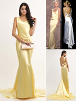 Celebrity Kleider Satin mit V-Ausschnitt Spaghetti Backless Oscar-Kleid mit Zug