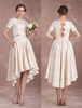 Champagne Brautkleider Kurzarm Beach Strand Brautkleid Spitze Jacquard Zwei Stück High Low Ausgeschnitten Asymmetrische Brautkleid Milanoo