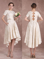 Champagne Brautkleider Kurzarm Beach Strand Brautkleid Spitze Jacquard Zwei Stück High Low Ausgeschnitten Asymmetrische Brautkleid Milanoo