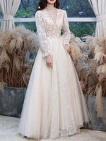 Champagner Abendkleid A-Line Jewel Hals Langarm Lace Pailletten bodenlangen formale Parteikleider
