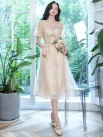 Champagner Abendkleid A-Linie Herzausschnitt Spitze Halbarm Applikationen Tee-Länge Formelle Partykleider