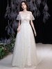 Champagner Abendkleid A-Linie Jewel Neck Halbarm Reißverschluss Schmetterling Bodenlang Formale Spitze Partykleider
