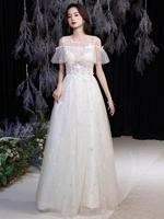 Champagner Abendkleid A-Linie Jewel Neck Halbarm Reißverschluss Schmetterling Bodenlang Formale Spitze Partykleider