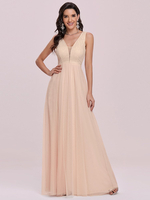 Champagner Abendkleid A-Linie V-Ausschnitt Ärmellose bodenlange Tüll Festzug Kleider Abendkleid