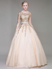 Champagner-Abschlussball-Kleider Luxuxspitze gestickte bördelnde Schlüsselloch-halbe Hülsen-Fußboden-Längen-Prinzessin Quinceanera Kleider