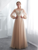 Champagner Ballkleider Langarm Spitze Tüll A-Linie bodenlangen Abendkleid Kleider für Hochzeitsgäste