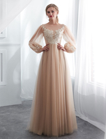 Champagner Ballkleider Langarm Spitze Tüll A-Linie bodenlangen Abendkleid Kleider für Hochzeitsgäste