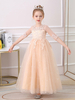 Champagner Blume Mädchen Kleider Juwel Hals Polyester Halbe Ärmel Knöchellange A-Linie Blumen Kinder Partykleider