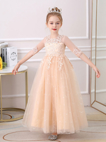 Champagner Blume Mädchen Kleider Juwel Hals Polyester Halbe Ärmel Knöchellange A-Linie Blumen Kinder Partykleider