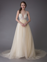 Champagner Brautkleider 2021 Tülle Farbig Brautkleid Illusion A Linie Prom Kleider