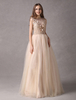 Champagner Brautkleider Spitze Blumen Perlen Illusion Tüll Bodenlangen farbigen Brautkleid