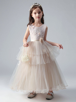 Champagner Farbe Blume Mädchen Kleider Juwel Hals Tüll Ärmellose knöchellange Prinzessin Kleid Formale Kinder Festzug Kleider