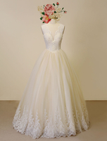 Champagner Hochzeitskleid Spitze Applique Tüll Brautkleid bodenlangen a-Linie Sicke Illusion zurück Luxus Brautkleid zu stürzen