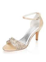 Champagner Hochzeitsschuhe Satin Offene Spitze Strasssteine Stiletto-Absatz Knöchelriemen Absätze